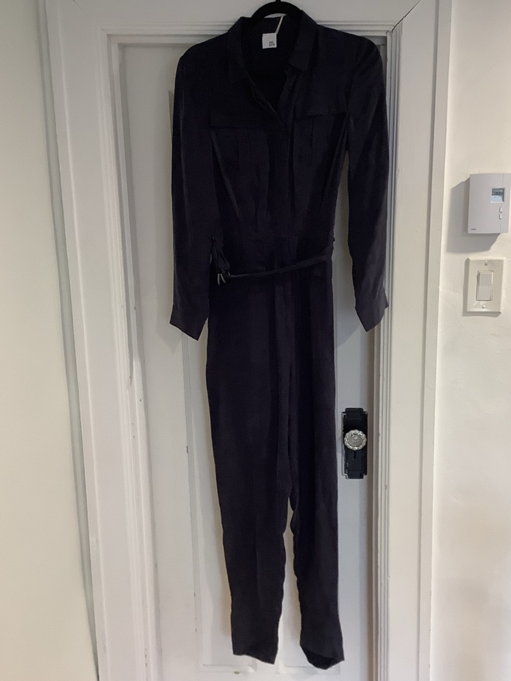 Women's Black Long-Sleeve Utility Jumpsuit with Tie Waist